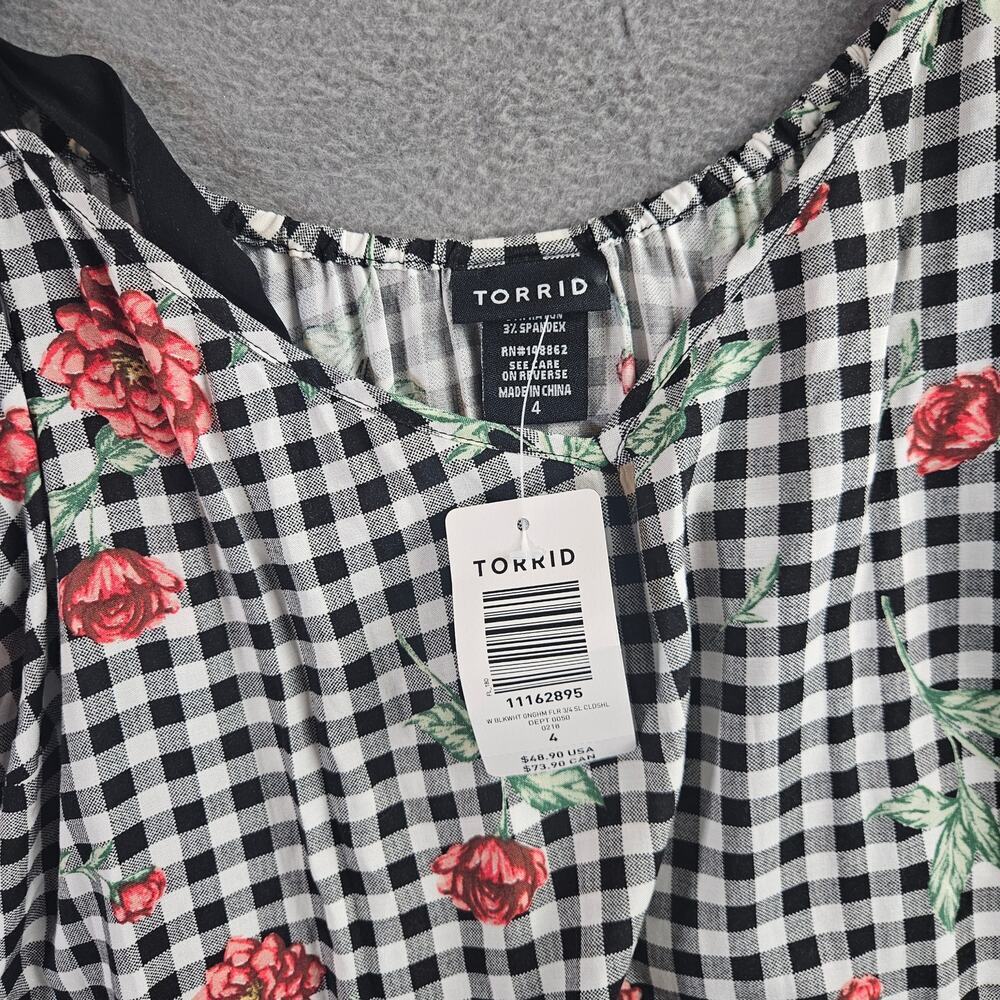 Torrid Gingham Floral Cold Shoulder Blouse Black White Rose Print Flowy Top Sz 4 - Picture 4 of 8